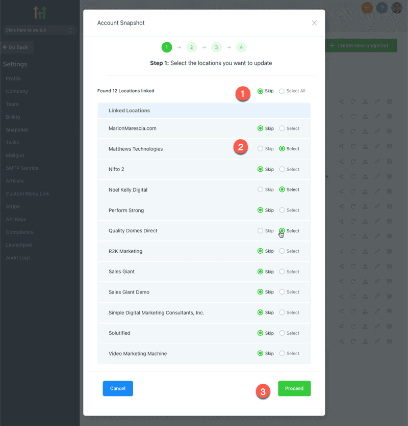 GoHighLevel Snapshots Select accounts