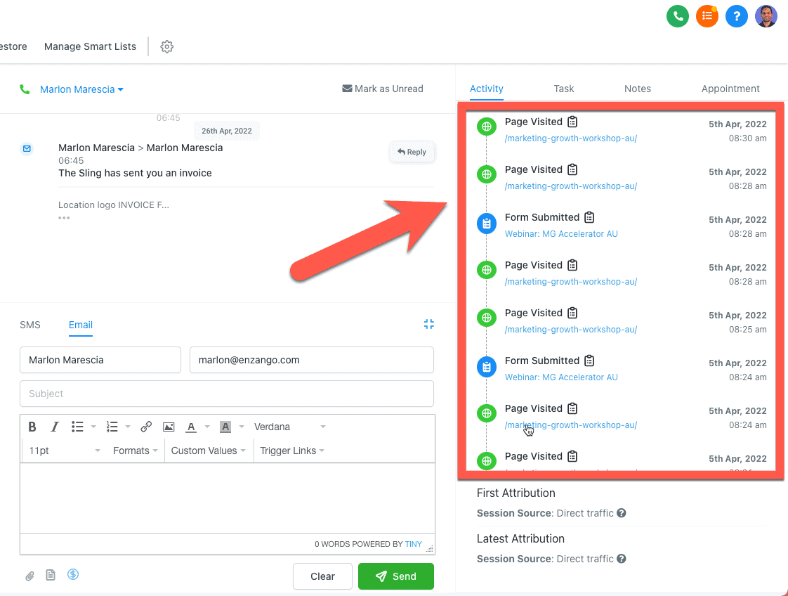 GoHighLevel CRM activity