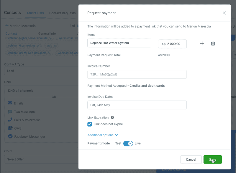 GoHighLevel CRM Request payment